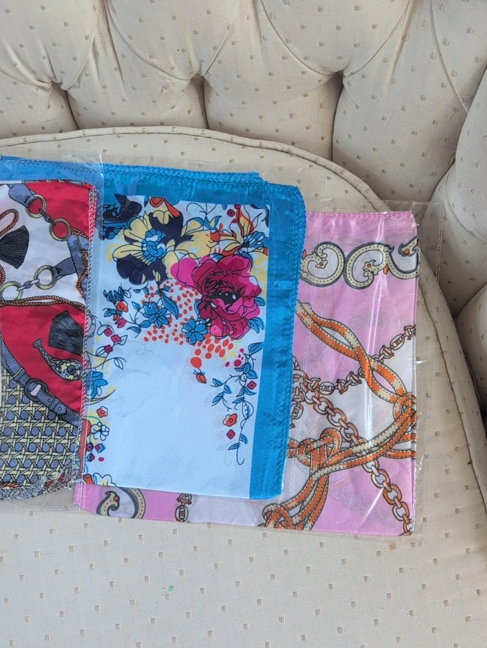 Silk-Feel Floral & Chain Print Scarf - Pink, Blue
